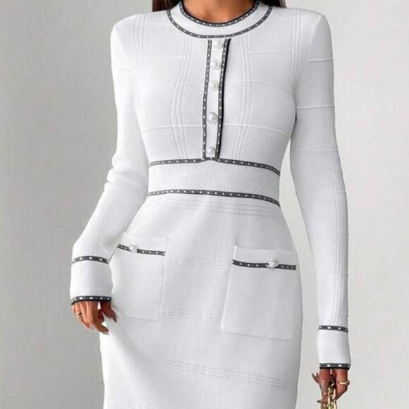 Classic Elegant Waisted Round Neck Sweater Dress - Picture 5 of 5